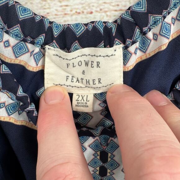 Flower & Feather Off Shoulder Floral Blouse Womens 2XL Navy Blue Semi Sheer - Picture 5 of 10